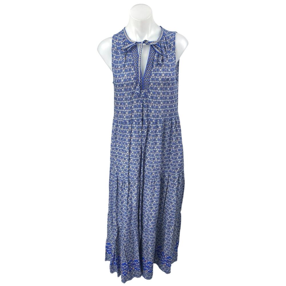 Max Studio Blue Geometric Print Sleeveless Tie V-neck Tiered Midi A-Line Dress S